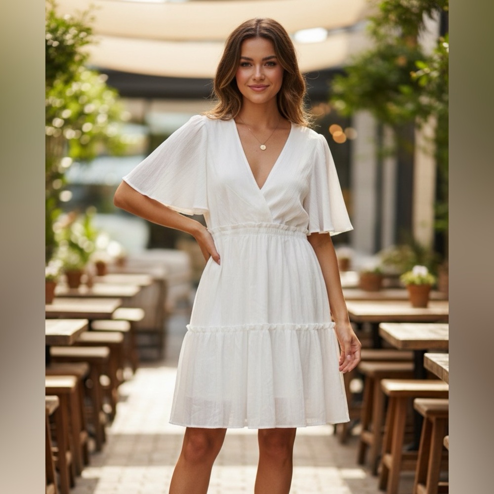 Chic White Flutter Sleeve Mini Dress
